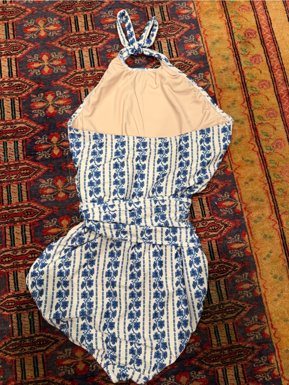Hermoza Blue & White Floral Stripe Halter One-Piece Swimsuit Size 10 - Picture 3 of 4